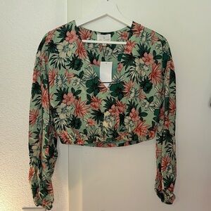 Missguided + Green and Orange Long Sleeve Crop Blouse